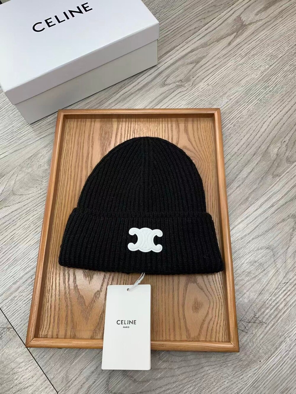 Celine Triomphe Ribbed Knit Beanie in Black - Picture 5 of 7